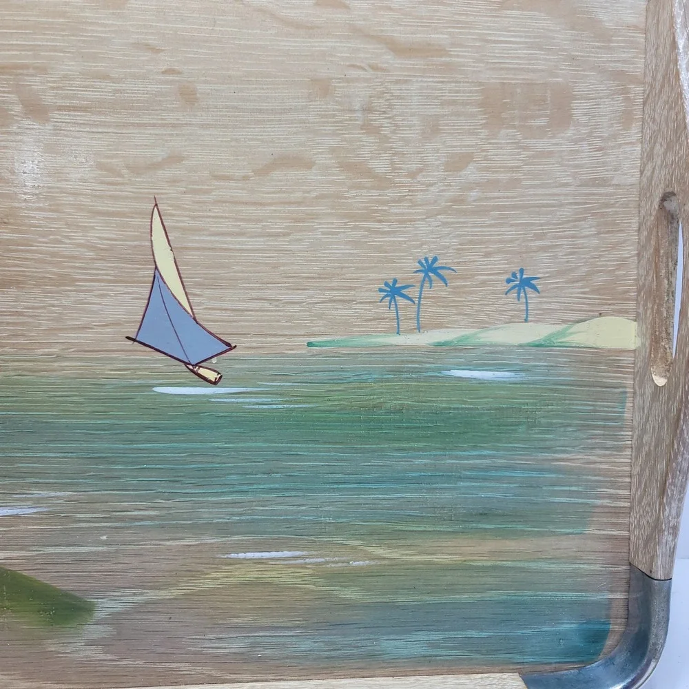Vintage Hand Painted Tropical Palm Tree Sailboat Wood Serving Tray Metal Rim 17